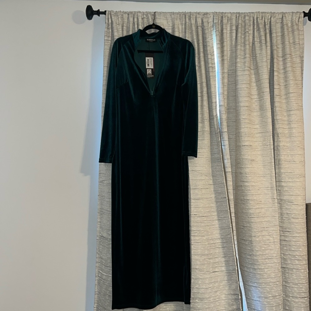 Rebdolls Velvet Maxi Dress 1X - Teal Green, Long Sleeve, Zip Front